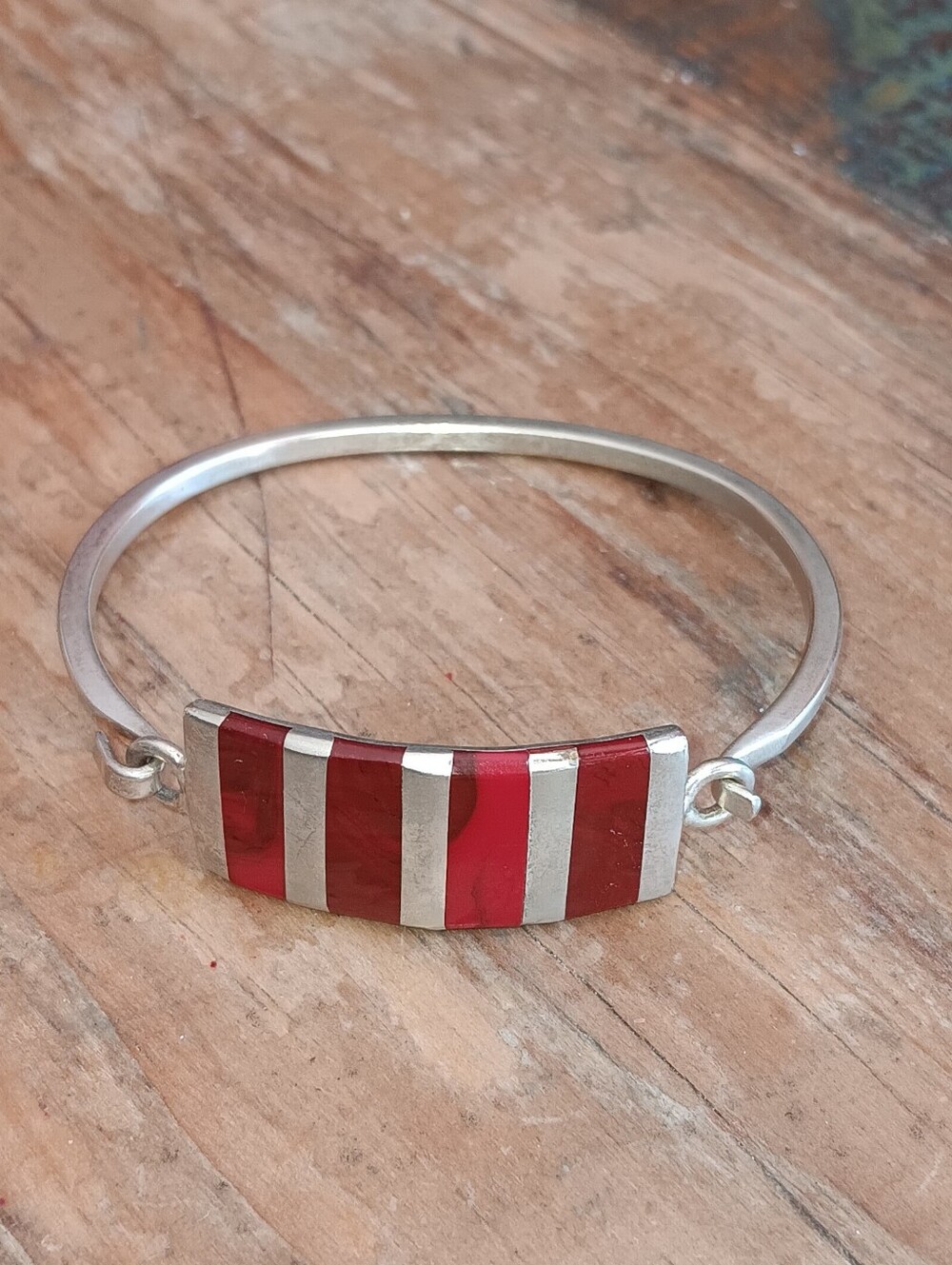 Silver Bracelet with Red Inlay Accent
